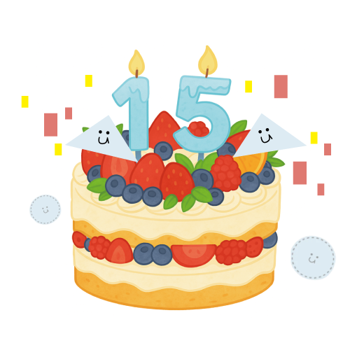 15周年をお祝いするケーキと三角形ちゃんたち